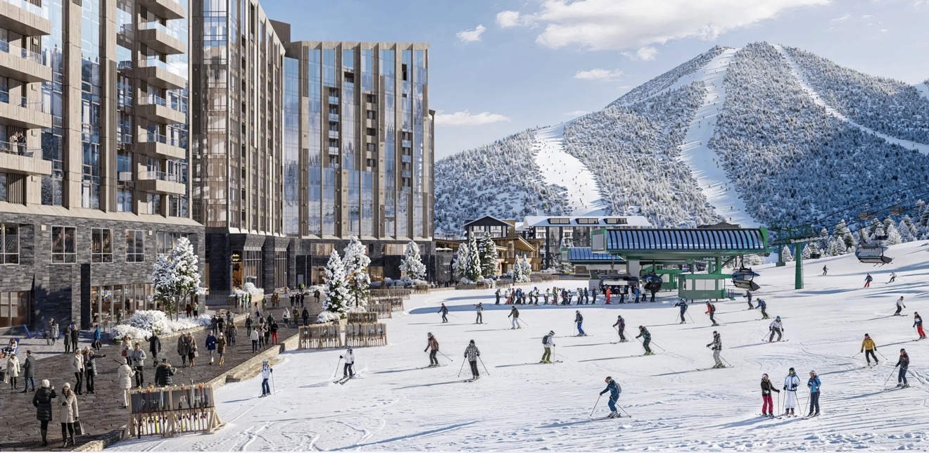 East Village base area with skiers and lifts, rendering