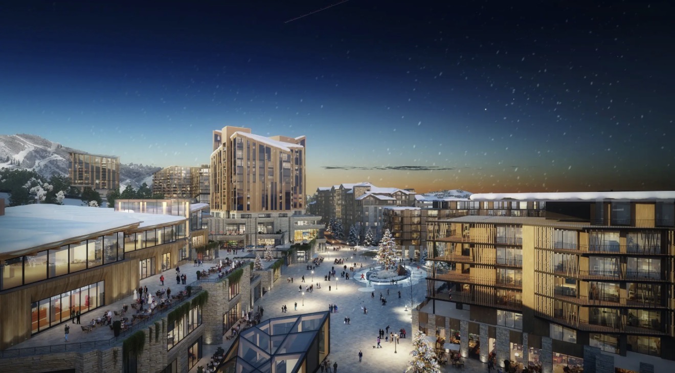 East Village plaza at evening, rendering