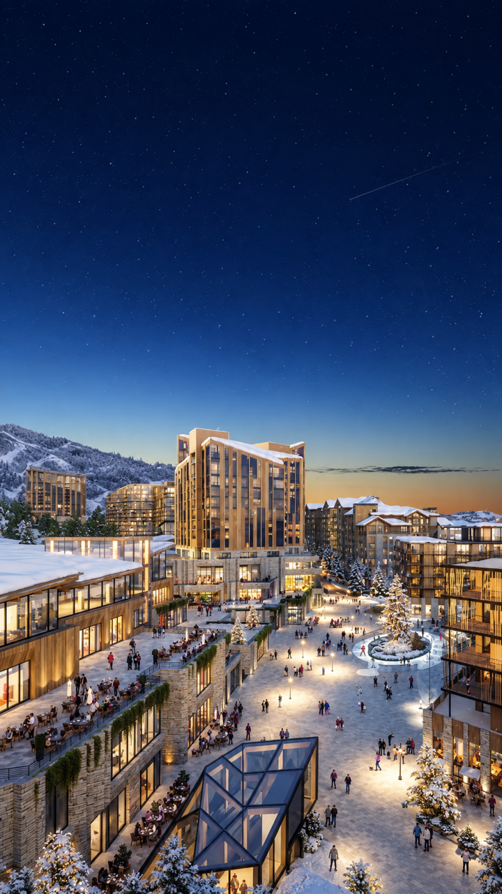East Village plaza at evening with illuminated architecture under a starry blue sky, rendering